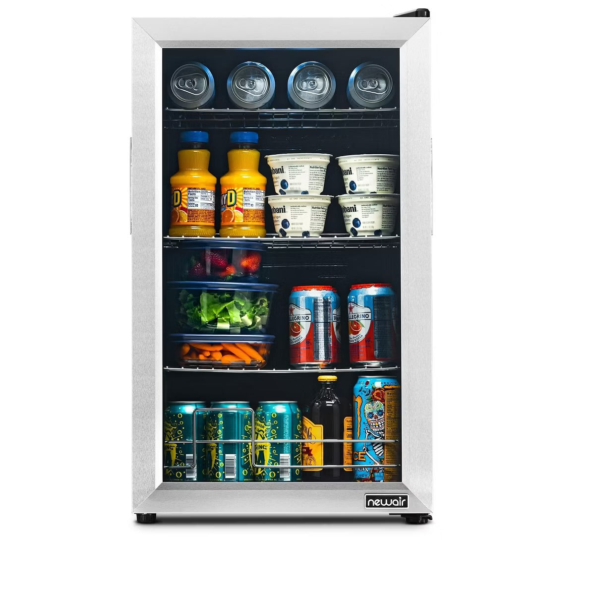 Newair 100 Can Beverage Fridge with Glass Door, Small Freestanding Mini Fridge in Stainless Steel, Compact Drinks Cooler, Single Zone Bar Refrigerator