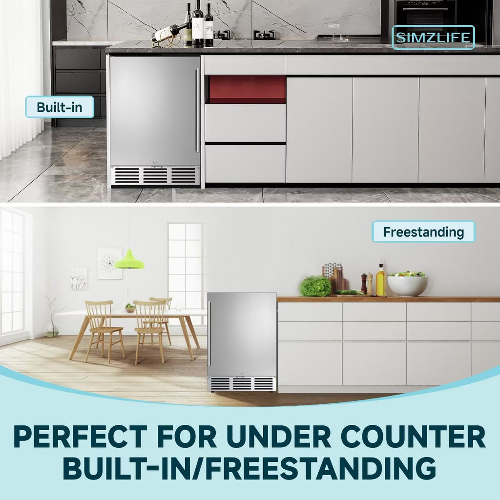 Simzlife 5.3 Cu.ft/180 Cans Mini Beverage Refrigerator, Undercounter Portable Fridge with Removable Shelves & LED Light, Stainless Steel, Silver