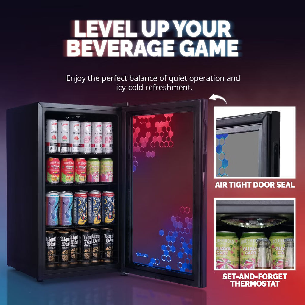 Newair Prismatic Series 126 Can Beverage Refrigerator with RGB HexaColor LED Lights, Mini Fridge for Gaming, Game Room, Party Festive Holiday Fridge