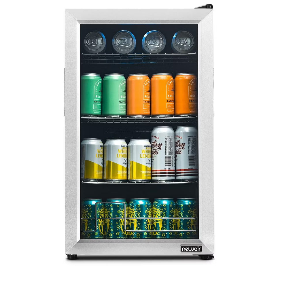 Newair 100 Can Beverage Fridge with Glass Door, Small Freestanding Mini Fridge in Stainless Steel, Compact Drinks Cooler, Single Zone Bar Refrigerator