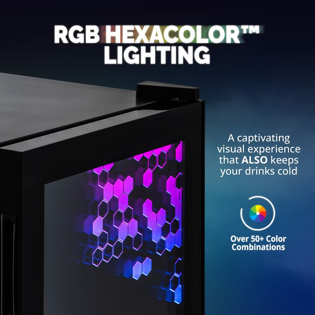 Newair Prismatic Series 126 Can Beverage Refrigerator with RGB HexaColor LED Lights, Mini Fridge for Gaming, Game Room, Party Festive Holiday Fridge