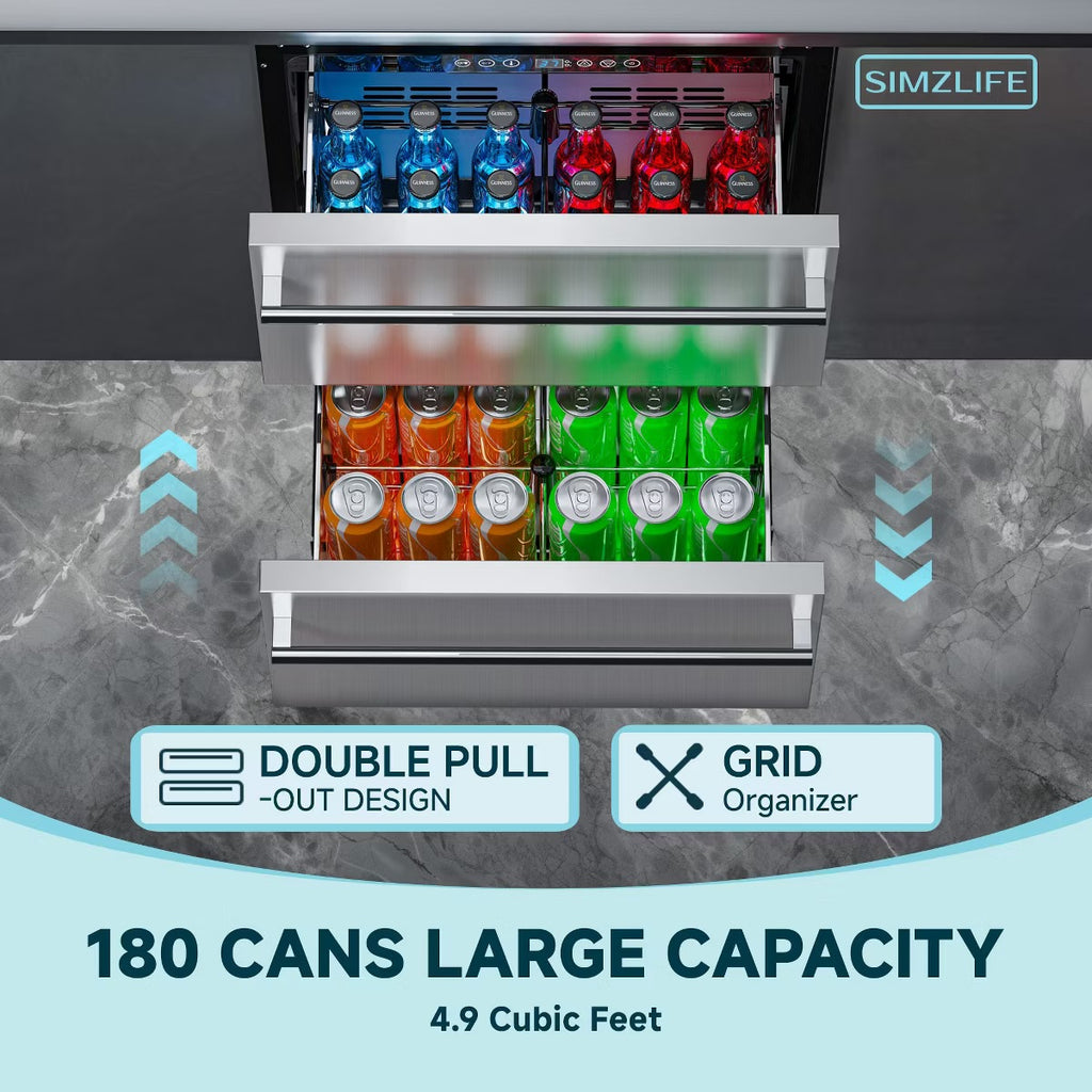 Simzlife 4.9 Cu.ft/180 Cans Mini Beverage Refrigerator, Double Drawer, Movable Grid Organizer, Freestanding Fridge, LED Light, Stainless Steel, Silver