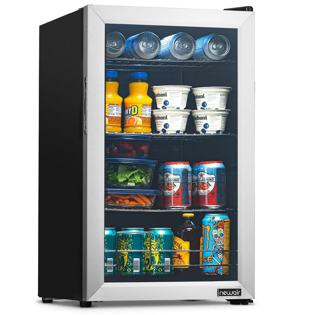 Newair 100 Can Beverage Fridge with Glass Door, Small Freestanding Mini Fridge in Stainless Steel, Compact Drinks Cooler, Single Zone Bar Refrigerator