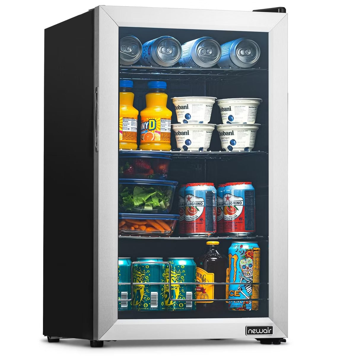 Newair 100 Can Beverage Fridge with Glass Door, Small Freestanding Mini Fridge in Stainless Steel, Compact Drinks Cooler, Single Zone Bar Refrigerator