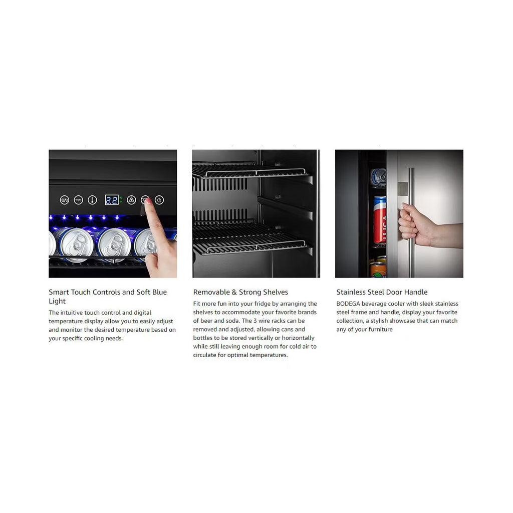 15-inch fridge,100 Cans,304 Stainless Steel Door,LED light,Adjustable shelves,Quiet Compressor,Smart digital control cooler,Automatic defrosting