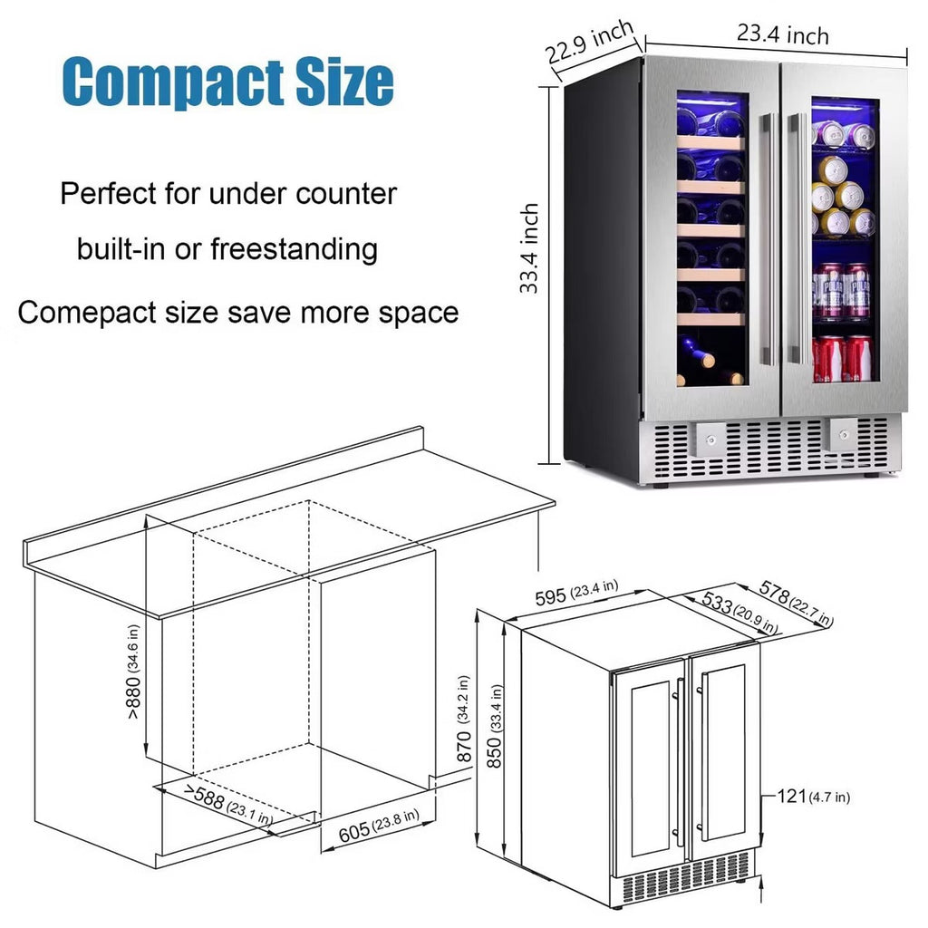R.W.FLAME Beverage Fridge with Dual-Zone Cooler and Glass Door, 24-Inch Under Counter Design，Built-in or Freestanding, Smart Touchscreen