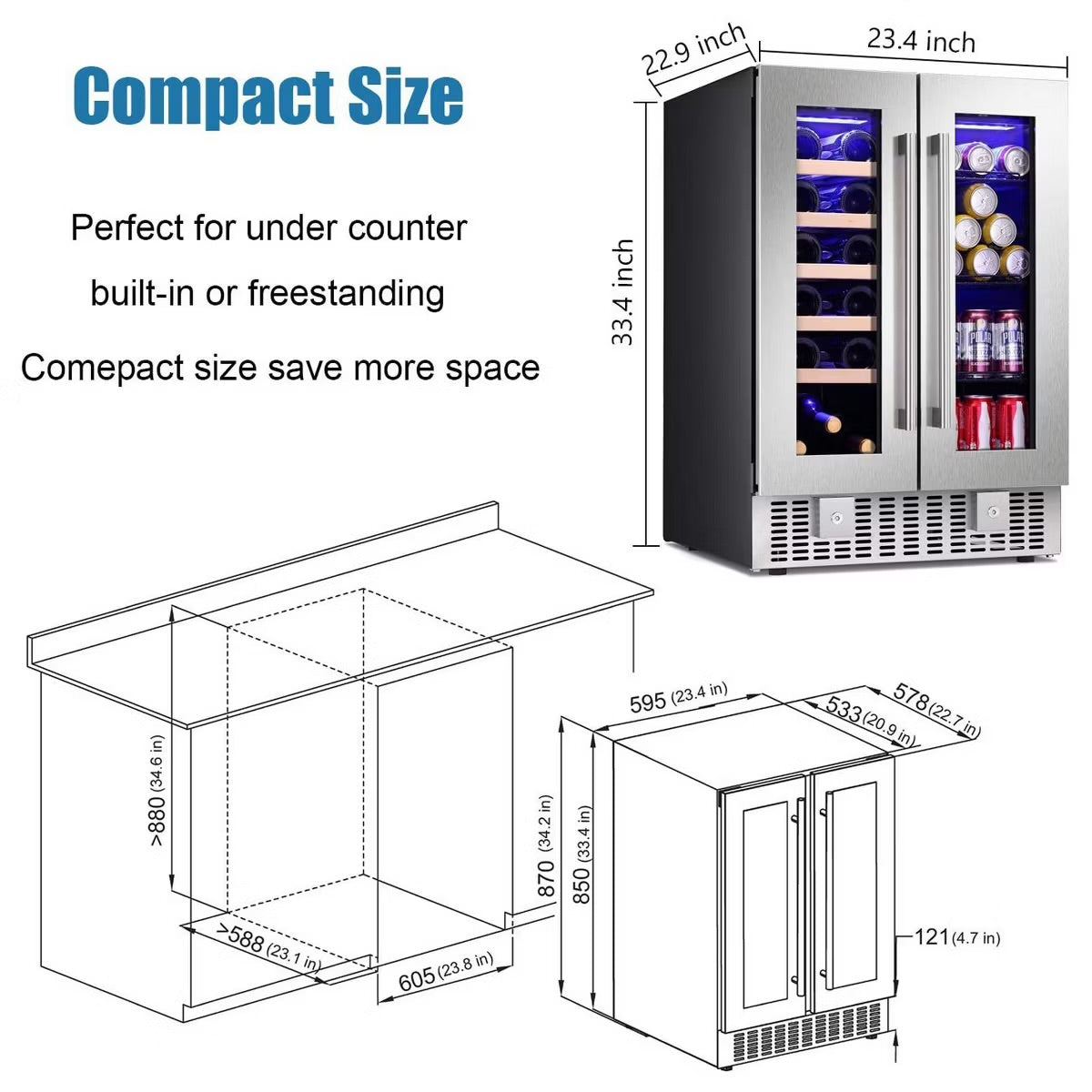 R.W.FLAME Beverage Fridge with Dual-Zone Cooler and Glass Door, 24-Inch Under Counter Design，Built-in or Freestanding, Smart Touchscreen