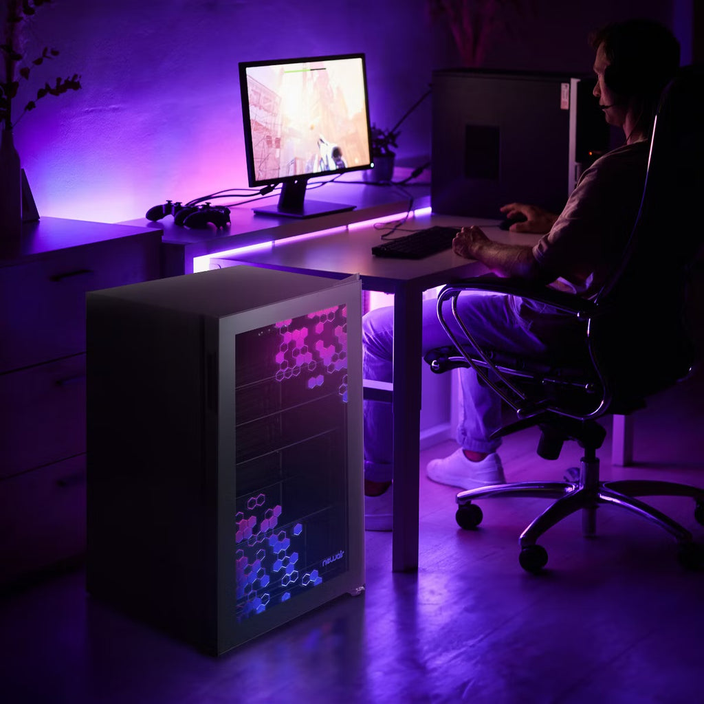 Newair Prismatic Series 126 Can Beverage Refrigerator with RGB HexaColor LED Lights, Mini Fridge for Gaming, Game Room, Party Festive Holiday Fridge