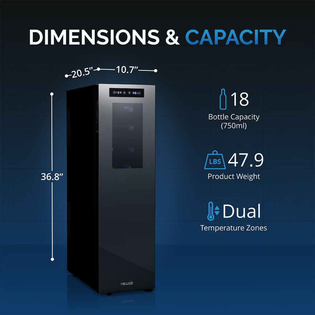 Newair Shadow-Tᵀᴹ Series Wine Cooler Refrigerator 18 Bottle Dual Temperature Zones, Freestanding Mirrored Wine Fridge with Double-Layer Tempered Glass