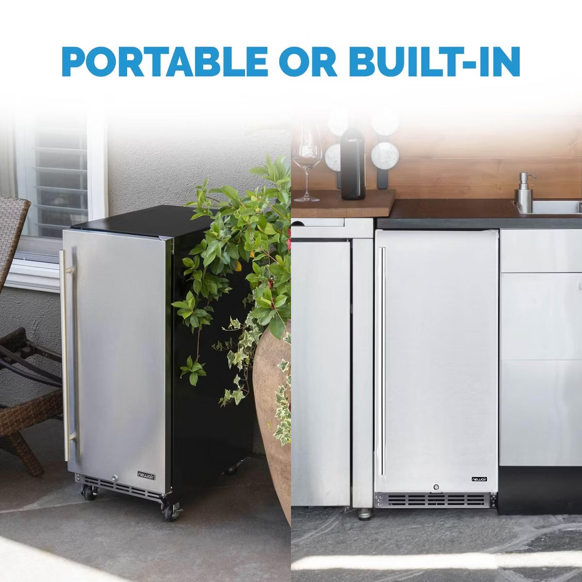 Newair Built-in Outdoor Beverage Fridges in Weatherproof Stainless Steel with Easy Glide Casters