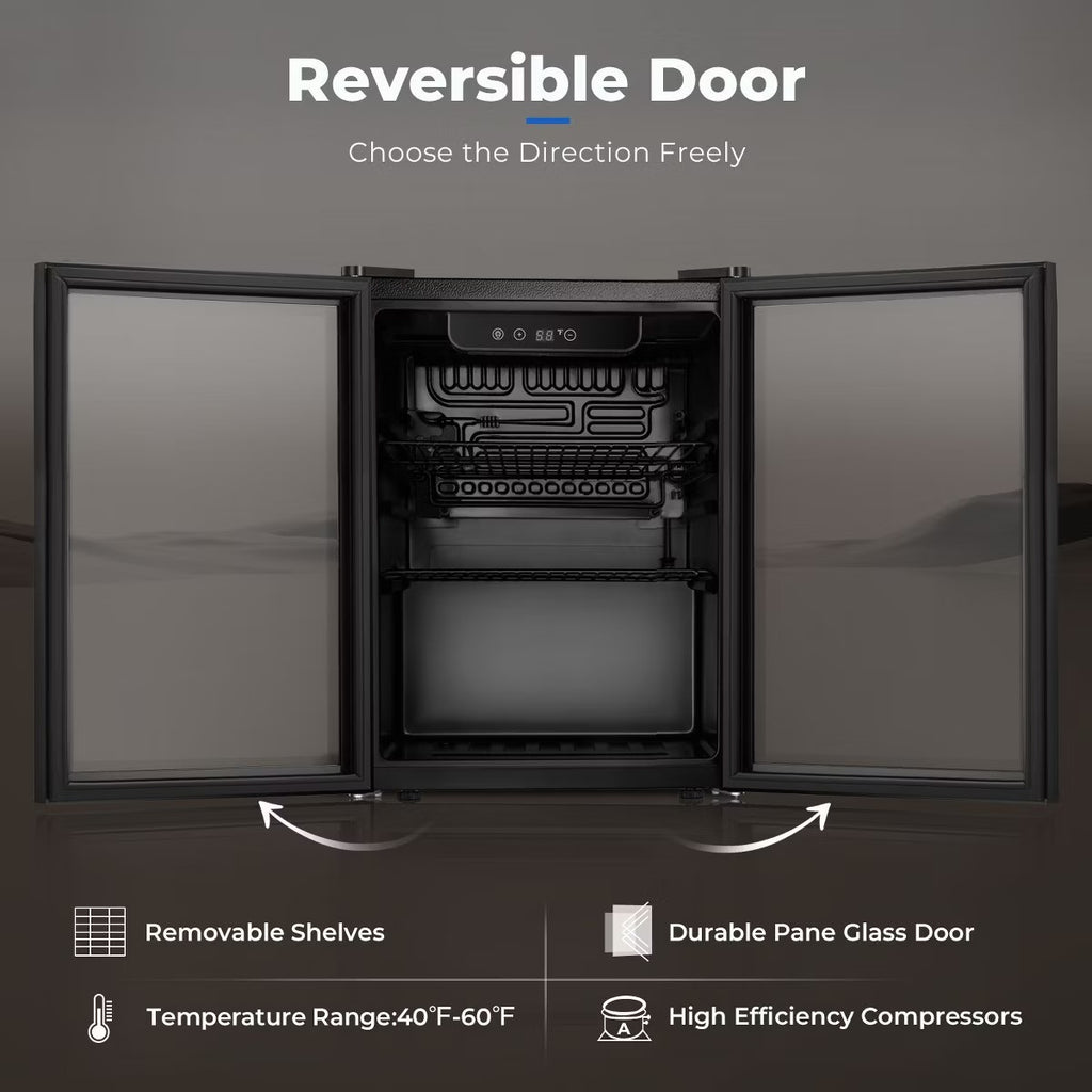 R.W.FLAME 1.7 Cu.Ft Beverage Cooler,16 Bottles/68 Cans,Mini Fridge with Glass Door, Adjustable Shelves, Digital Control,LED Light,Reversible Door