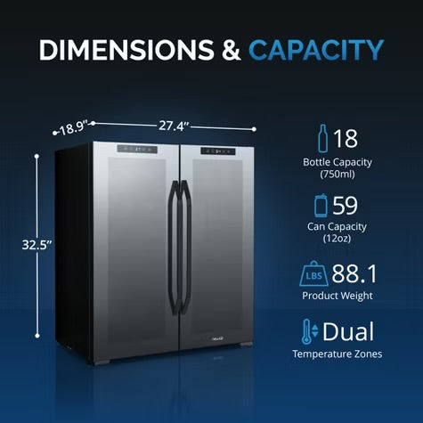 Newair Shadow Series Wine Cooler Refrigerator 18 Bottles & 59 Cans Dual Temperature Zones, Freestanding Mirrored Wine and Beverage Fridge