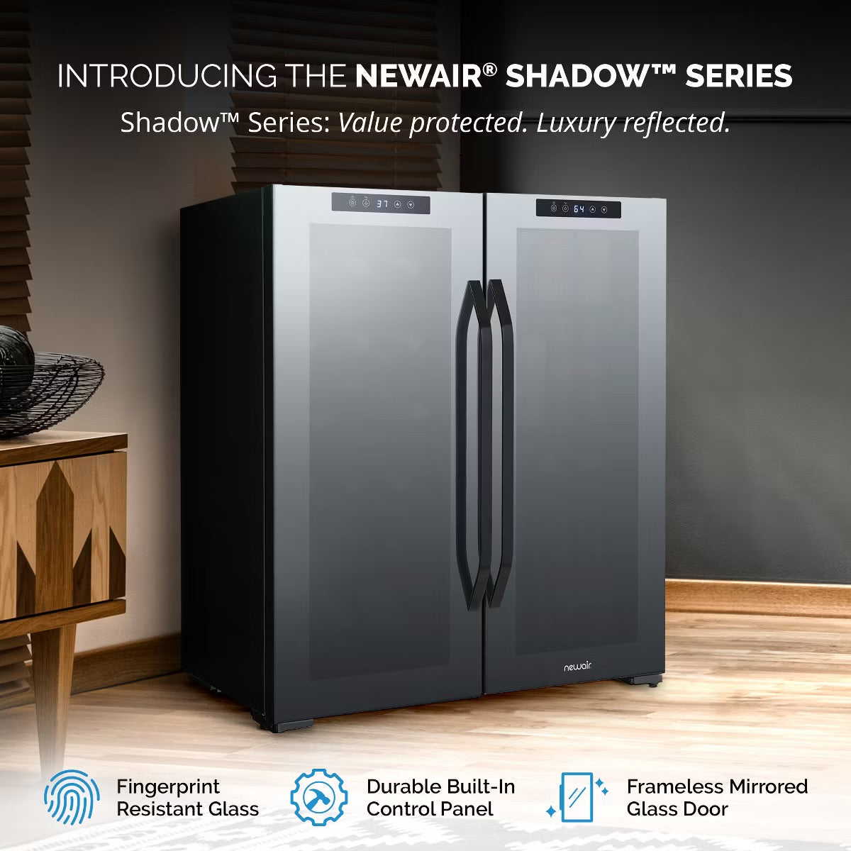 Newair Shadow Series Wine Cooler Refrigerator 18 Bottles & 59 Cans Dual Temperature Zones, Freestanding Mirrored Wine and Beverage Fridge