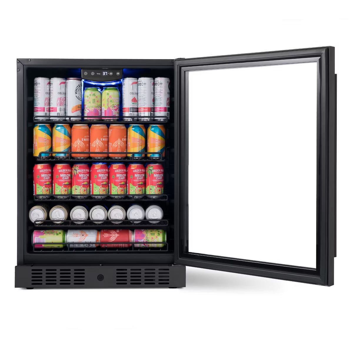 Newair 24" Beverage Refrigerator Cooler, 177 Can Black Stainless Steel Glass Door Fridge, Built-in Counter or Freestanding Bar Drinks Refrigerator