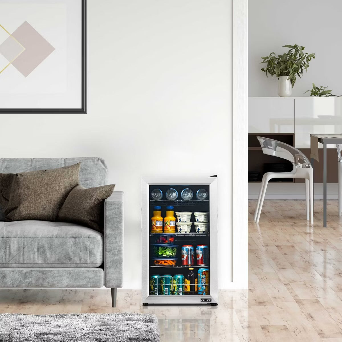 Newair 100 Can Beverage Fridge with Glass Door, Small Freestanding Mini Fridge in Stainless Steel, Compact Drinks Cooler, Single Zone Bar Refrigerator