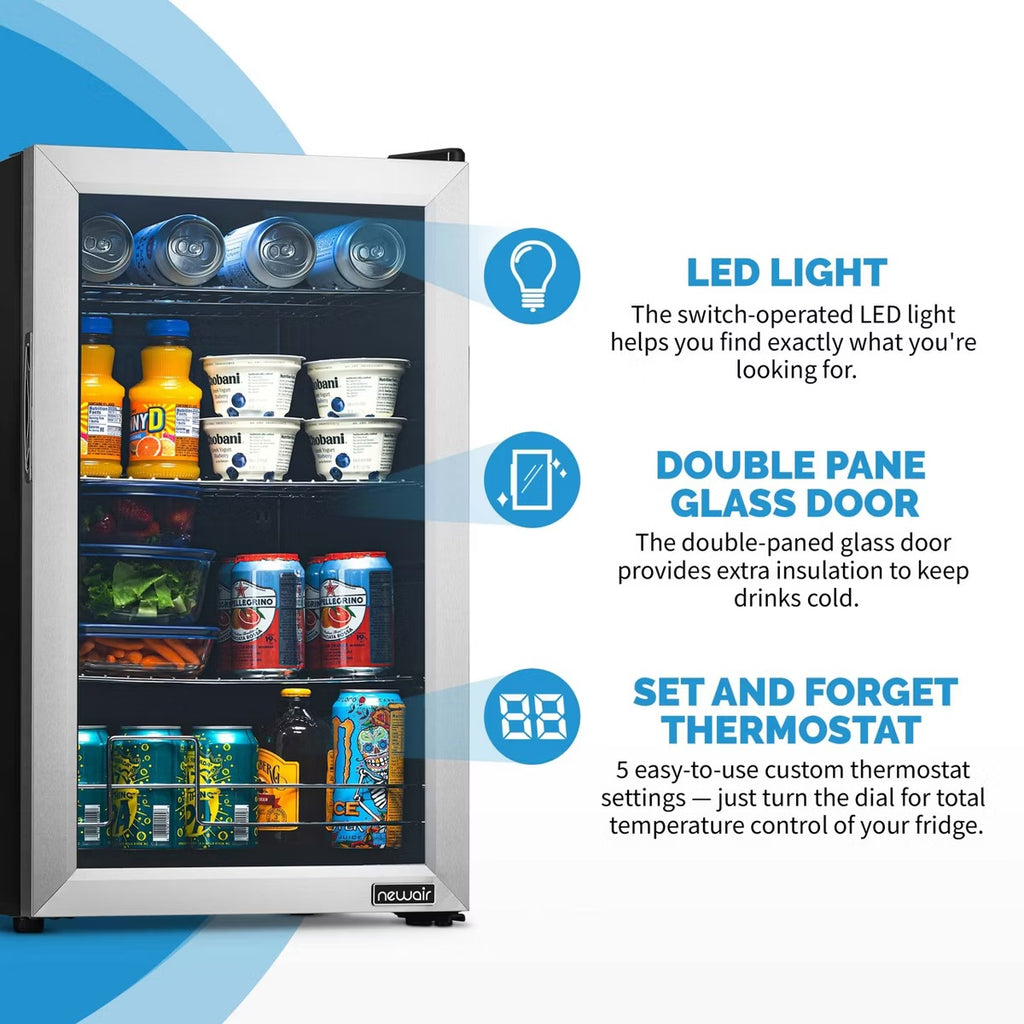 Newair 100 Can Beverage Fridge with Glass Door, Small Freestanding Mini Fridge in Stainless Steel, Compact Drinks Cooler, Single Zone Bar Refrigerator