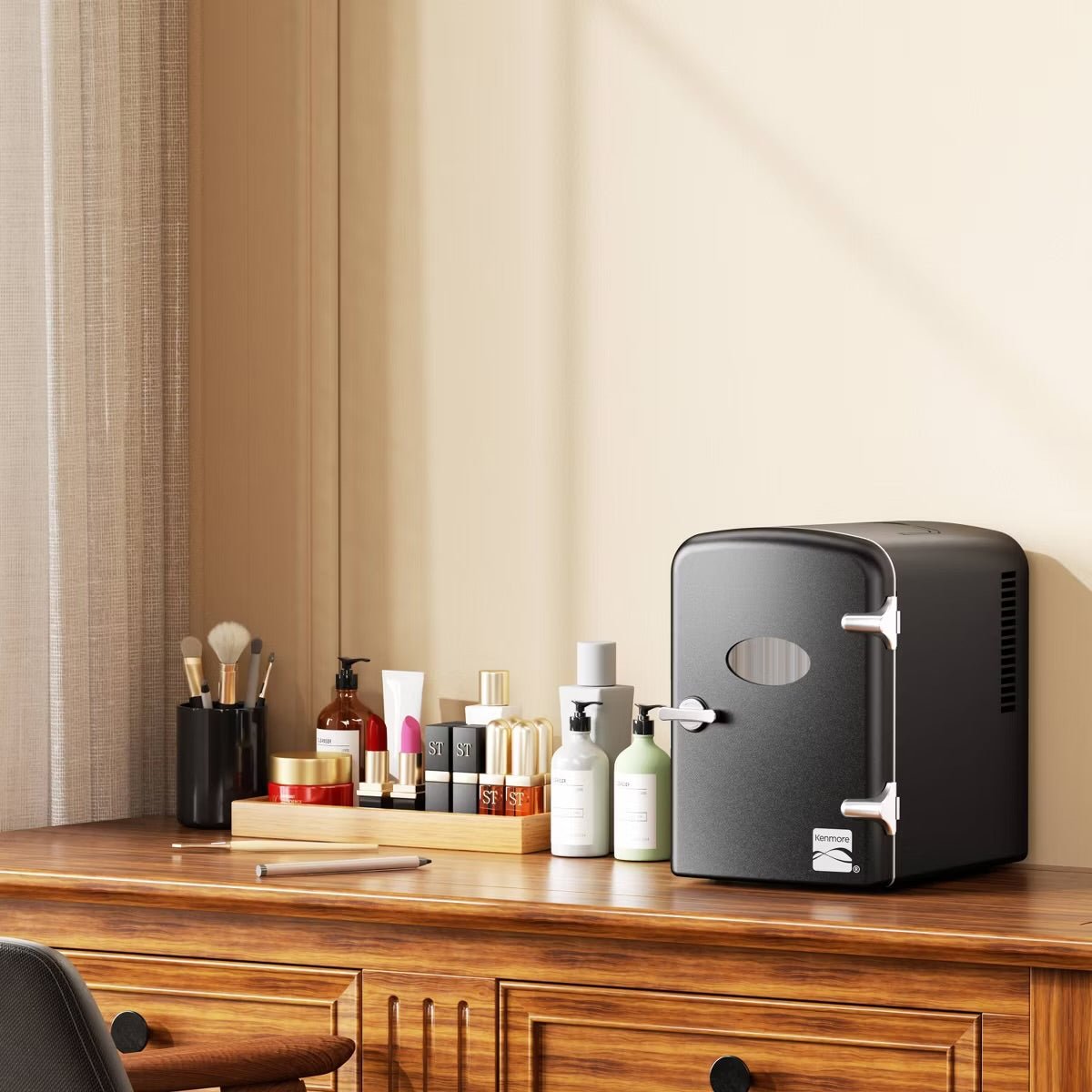 Kenmore 6 can Mini Refrigerator: Countertop Tiny Fridge for Skincare & Makeup, 40°F Cooling, Black, 0.14 cu ft Capacity