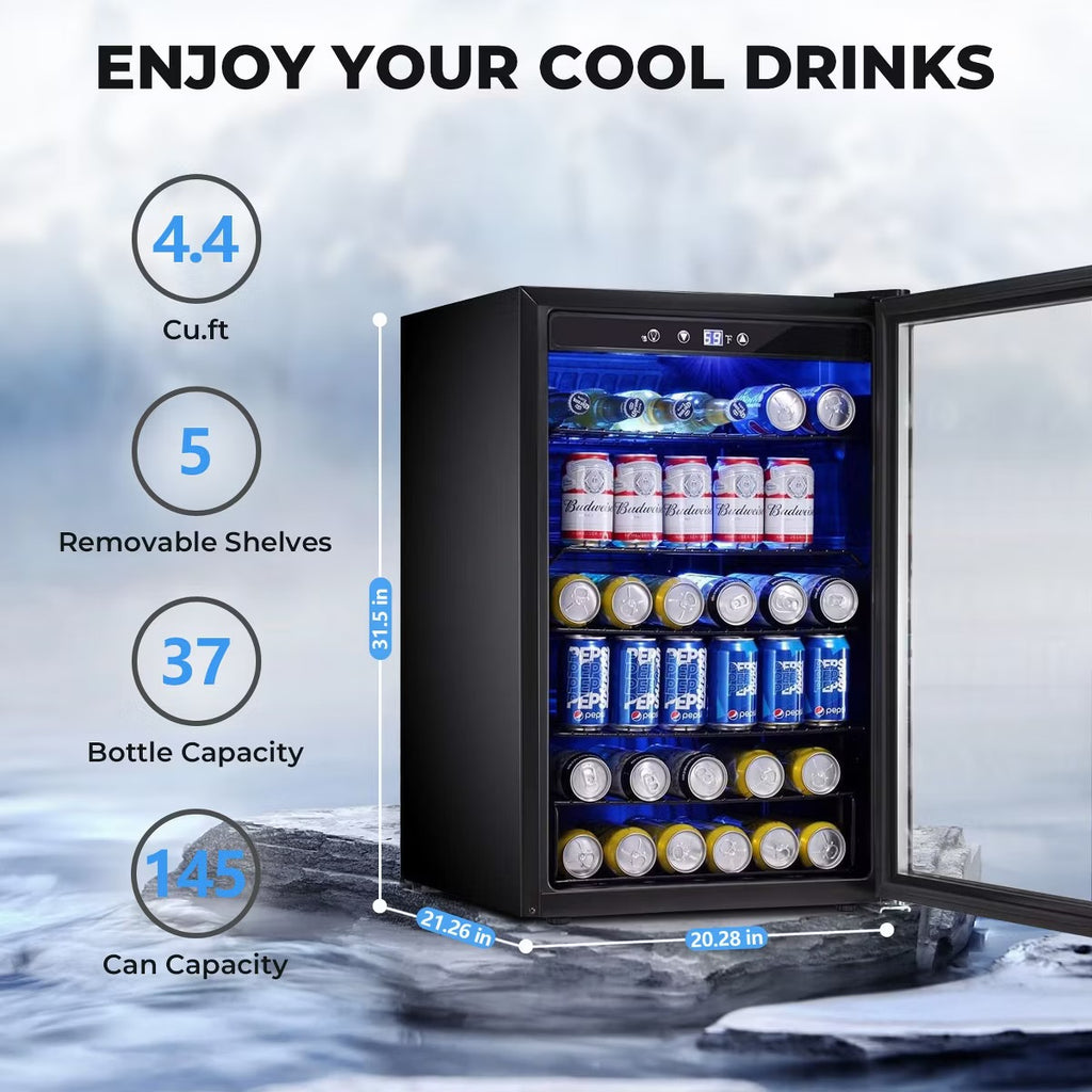 R.W.FLAME 4.5 Cu.Ft Beverage Fridge, 145-Can Mini Cooler with Glass Door for Soft Drinks, Freestanding with Adjustable Shelving