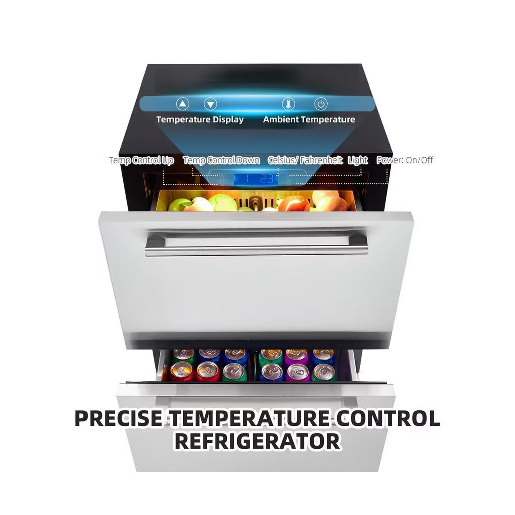 24 Inch Outdoor Drawer Fridge, Counter Double Drawer Beverage Refrigerator