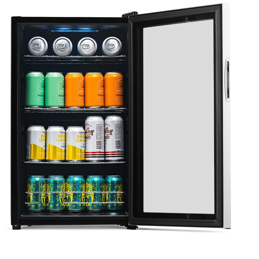 Newair 100 Can Beverage Fridge with Glass Door, Small Freestanding Mini Fridge in Stainless Steel, Compact Drinks Cooler, Single Zone Bar Refrigerator