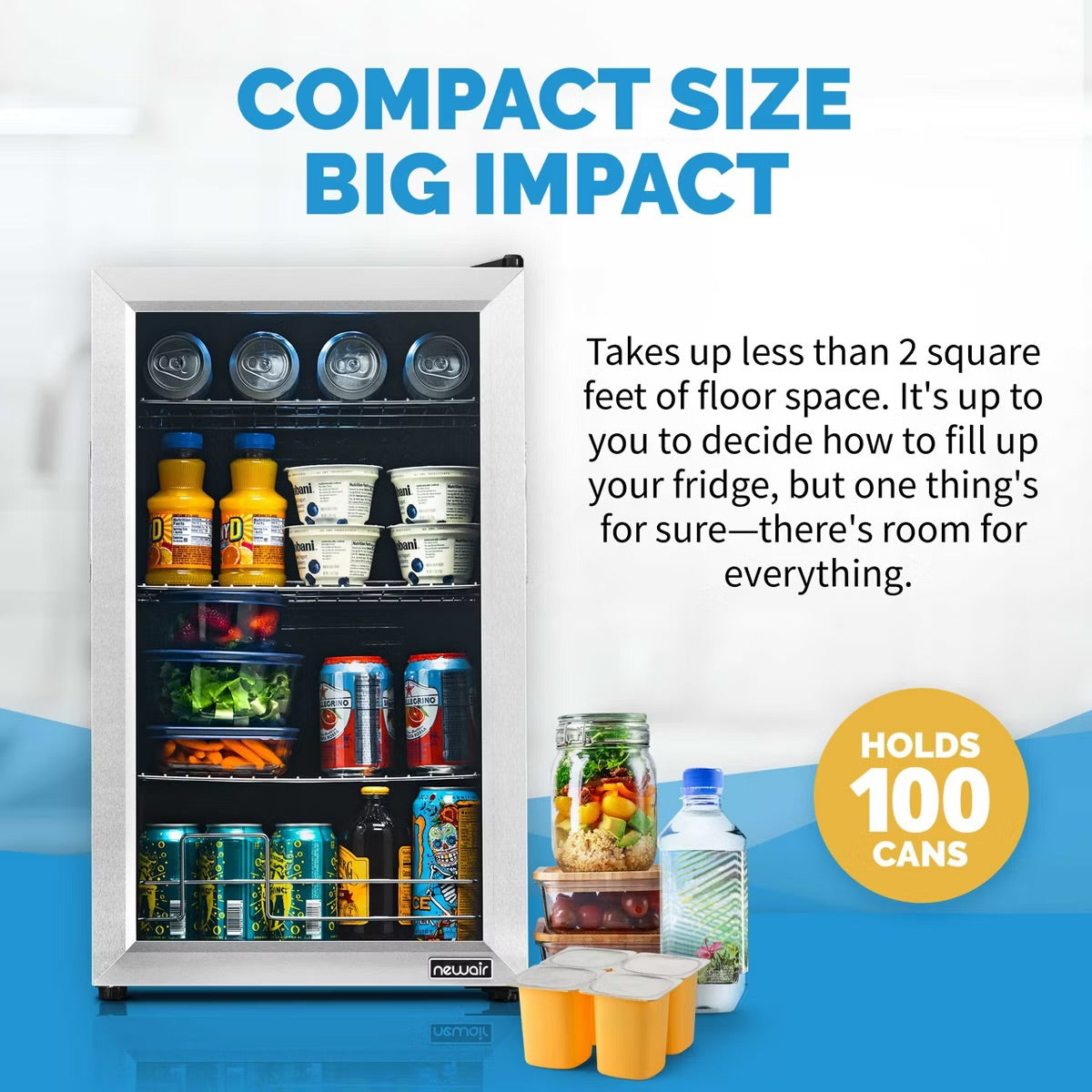 Newair 100 Can Beverage Fridge with Glass Door, Small Freestanding Mini Fridge in Stainless Steel, Compact Drinks Cooler, Single Zone Bar Refrigerator