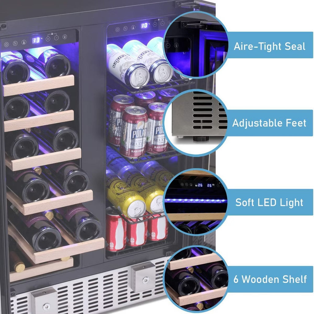 R.W.FLAME Beverage Fridge with Dual-Zone Cooler and Glass Door, 24-Inch Under Counter Design，Built-in or Freestanding, Smart Touchscreen