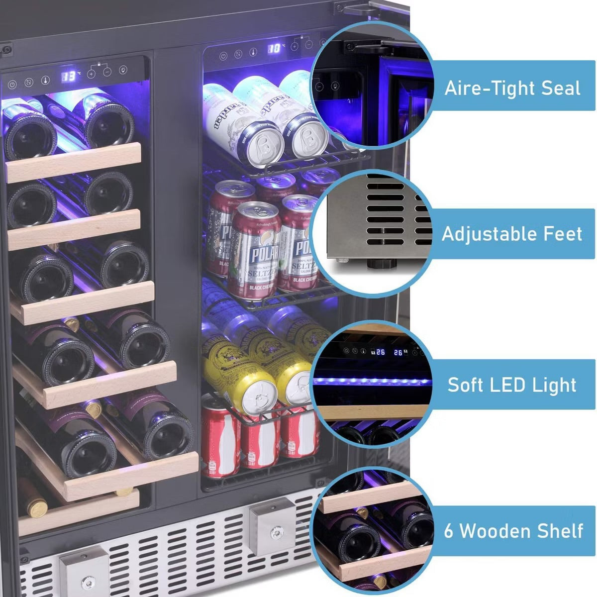 R.W.FLAME Beverage Fridge with Dual-Zone Cooler and Glass Door, 24-Inch Under Counter Design，Built-in or Freestanding, Smart Touchscreen