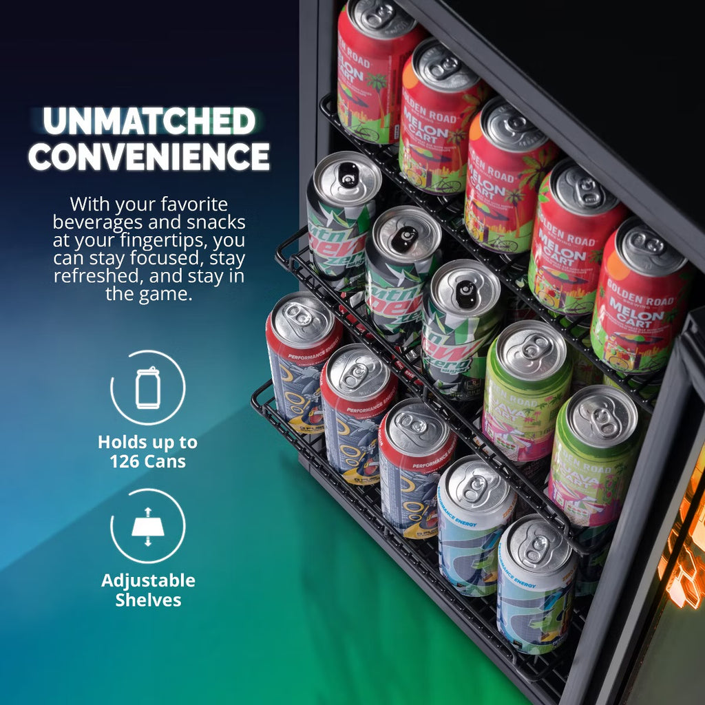 Newair Prismatic Series 126 Can Beverage Refrigerator with RGB HexaColor LED Lights, Mini Fridge for Gaming, Game Room, Party Festive Holiday Fridge