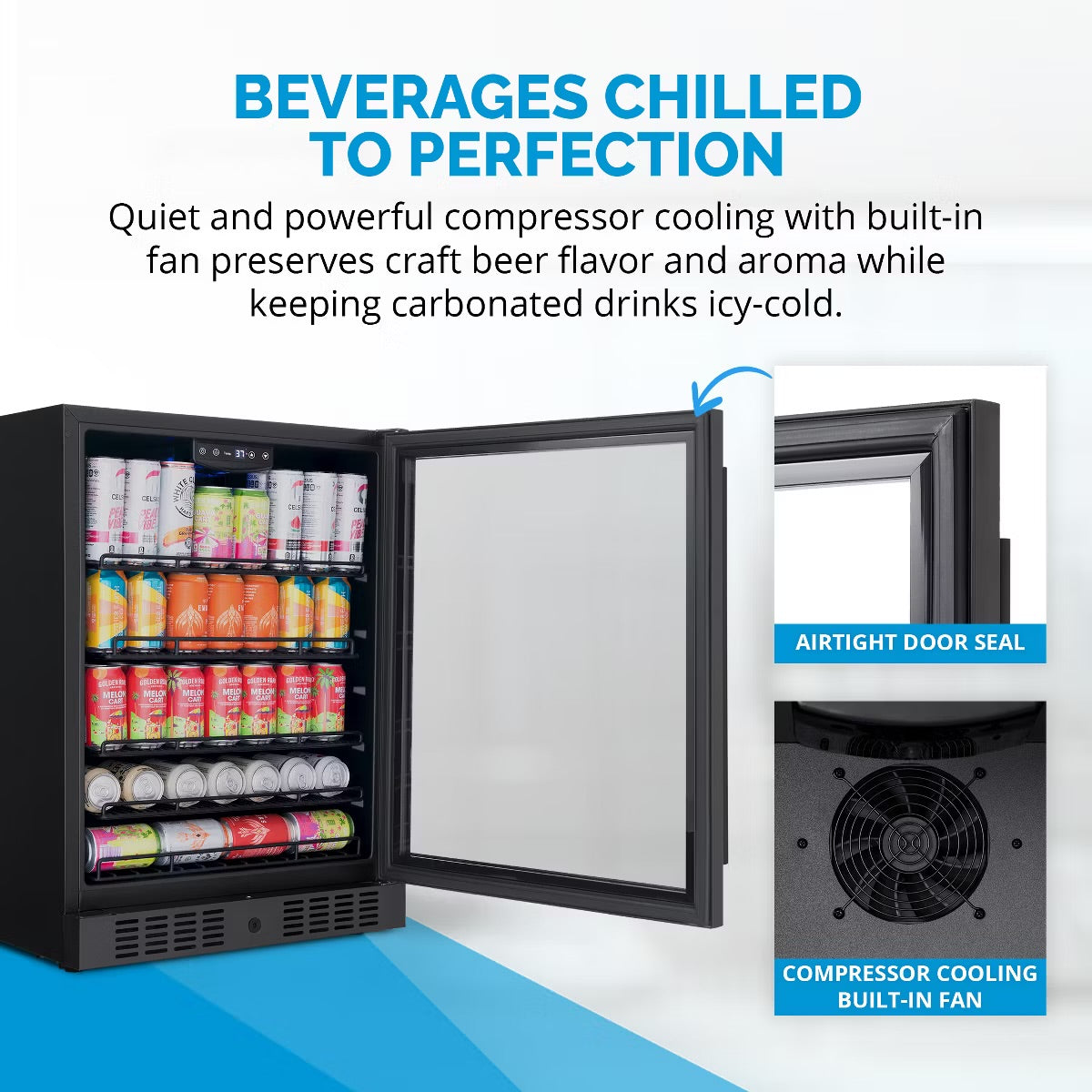 Newair 24" Beverage Refrigerator Cooler, 177 Can Black Stainless Steel Glass Door Fridge, Built-in Counter or Freestanding Bar Drinks Refrigerator