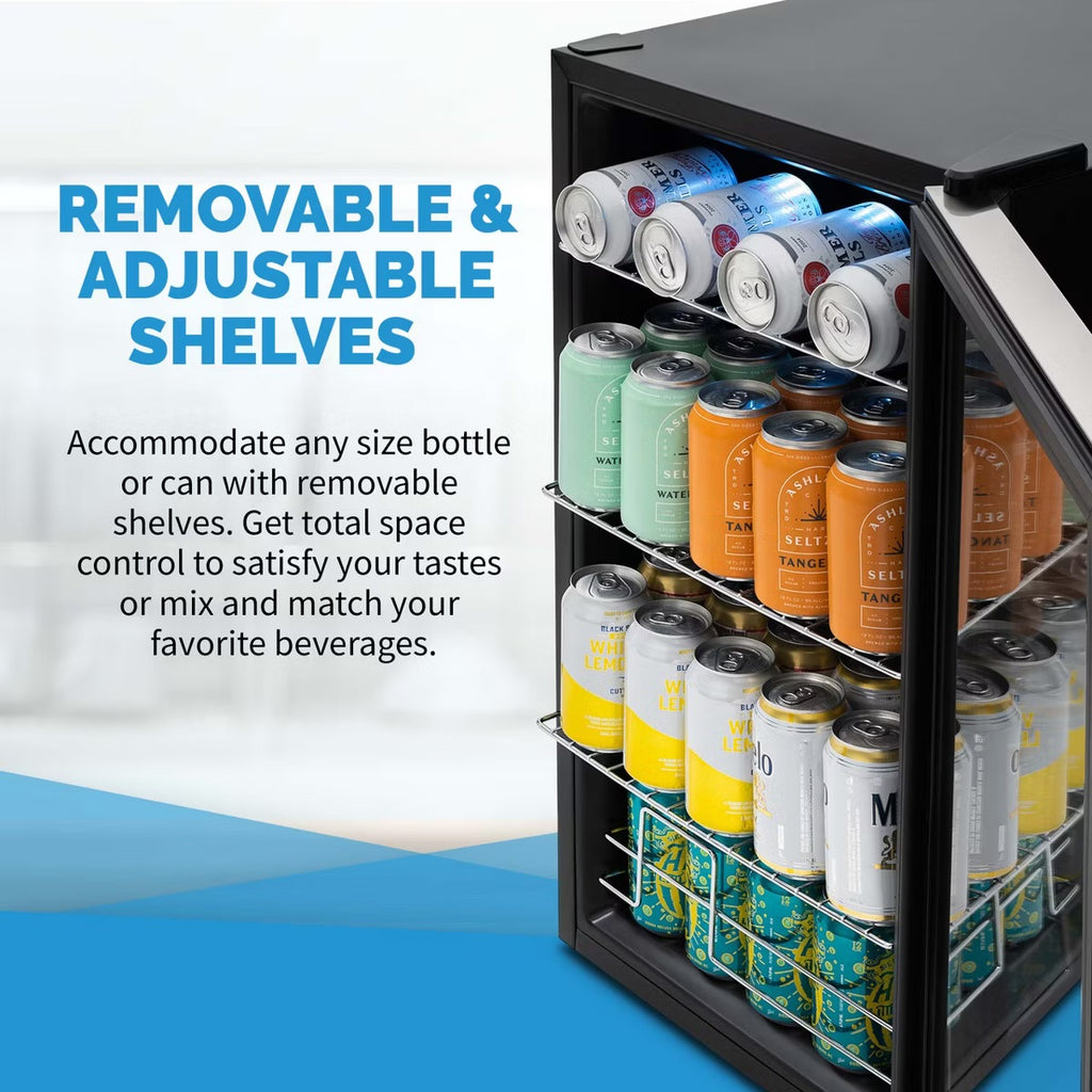 Newair 100 Can Beverage Fridge with Glass Door, Small Freestanding Mini Fridge in Stainless Steel, Compact Drinks Cooler, Single Zone Bar Refrigerator