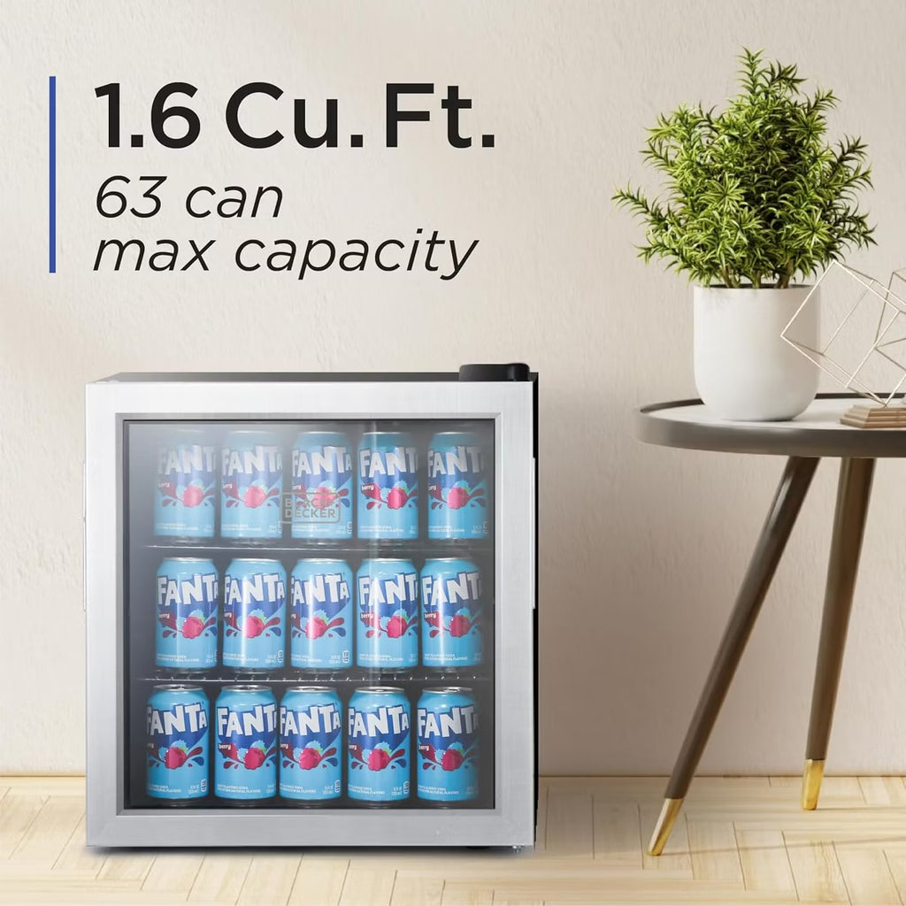 BLACK+DECKER 1.7 Cu. Ft. Beverage Cooler with Double Pane Glass Door, Drink Fridge & Beverage Refrigerator with 63-Can Capacity
