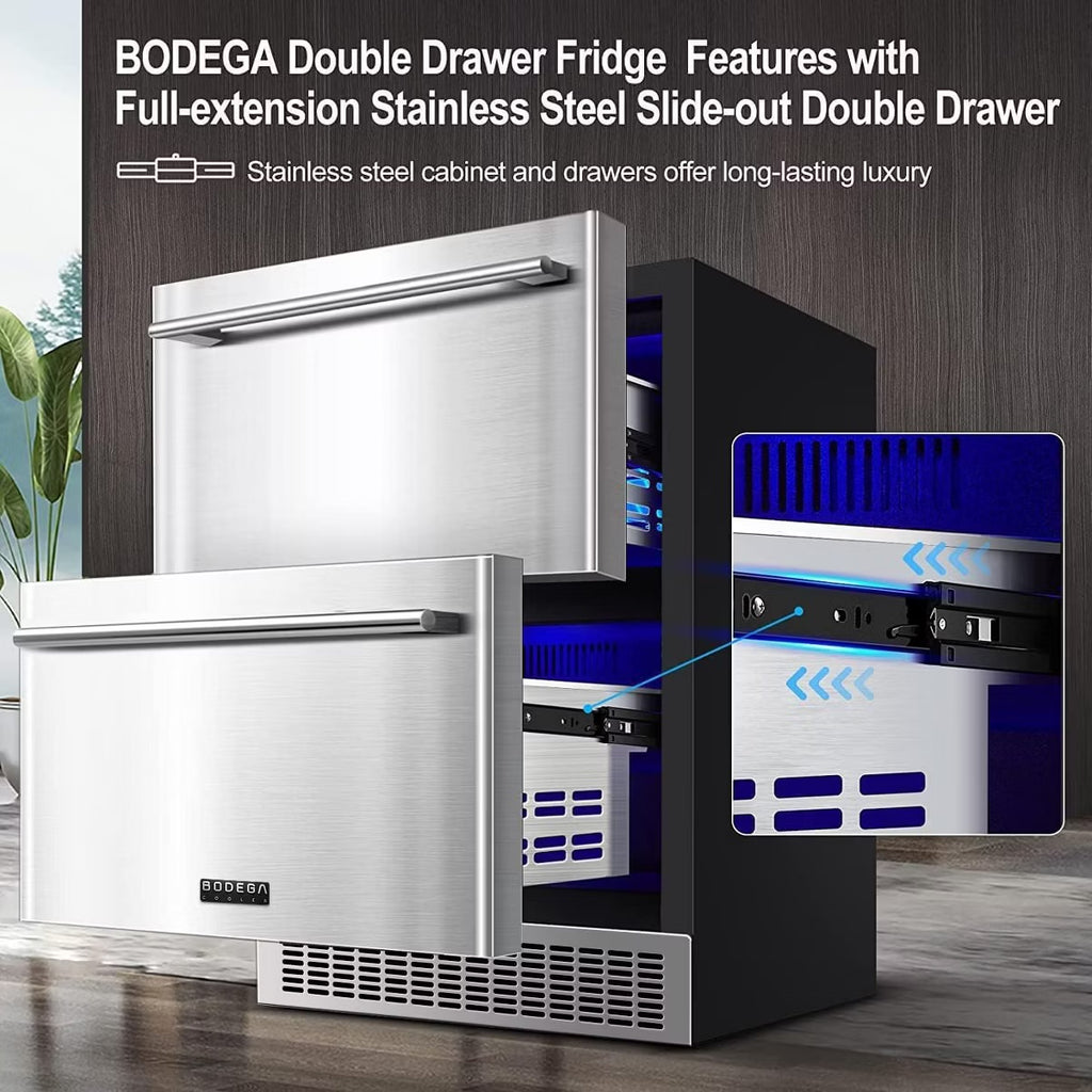 24-inch fridge,149 Cans,Stainless Steel Door,LED light,Adjustable shelves,Quiet Compressor,Double Drawer Cooler,Air Defrost System