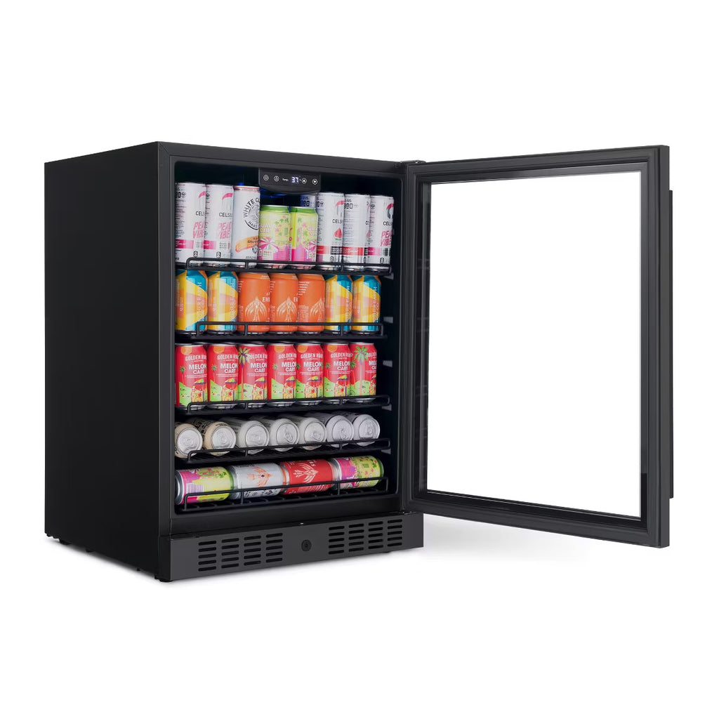 Newair 24" Beverage Refrigerator Cooler, 177 Can Black Stainless Steel Glass Door Fridge, Built-in Counter or Freestanding Bar Drinks Refrigerator