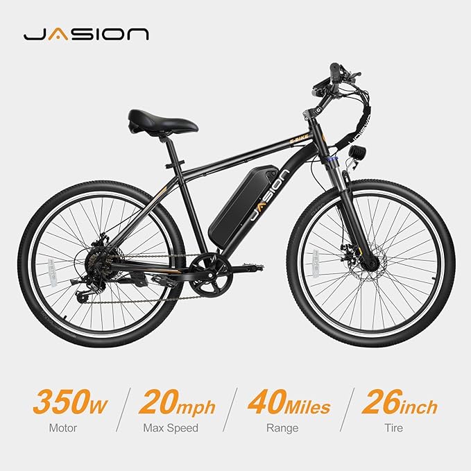 Jasion EB5 Electric Bike for Adults with 360Wh Removable Battery, 40Miles 20MPH Commuting Electric Mountain Bike with 350W Brushless Motor, 7-Speed, 26" Tires and Front Fork Suspension