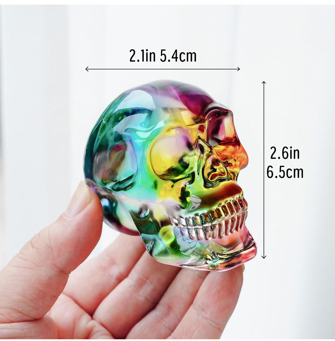 HDCRYSTALGIFTS 3 Inch Multi-Color Crystal Human Skull Model Statue for Home Decor, Halloween Head Figurine Decoration Gift, Art Glass Day of The Dead Sculpture Collections