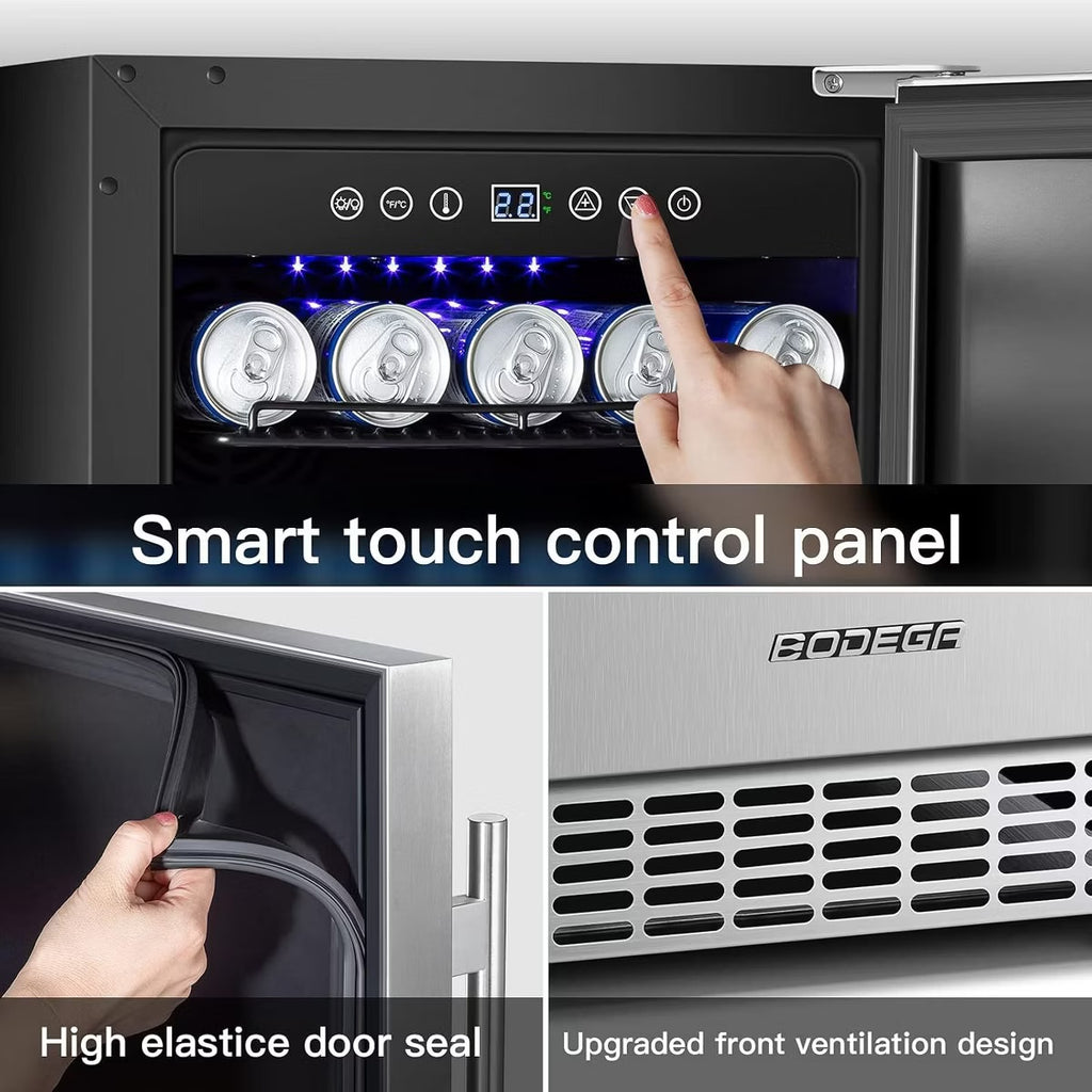 15-inch fridge,100 Cans,304 Stainless Steel Door,LED light,Adjustable shelves,Quiet Compressor,Smart digital control cooler,Automatic defrosting