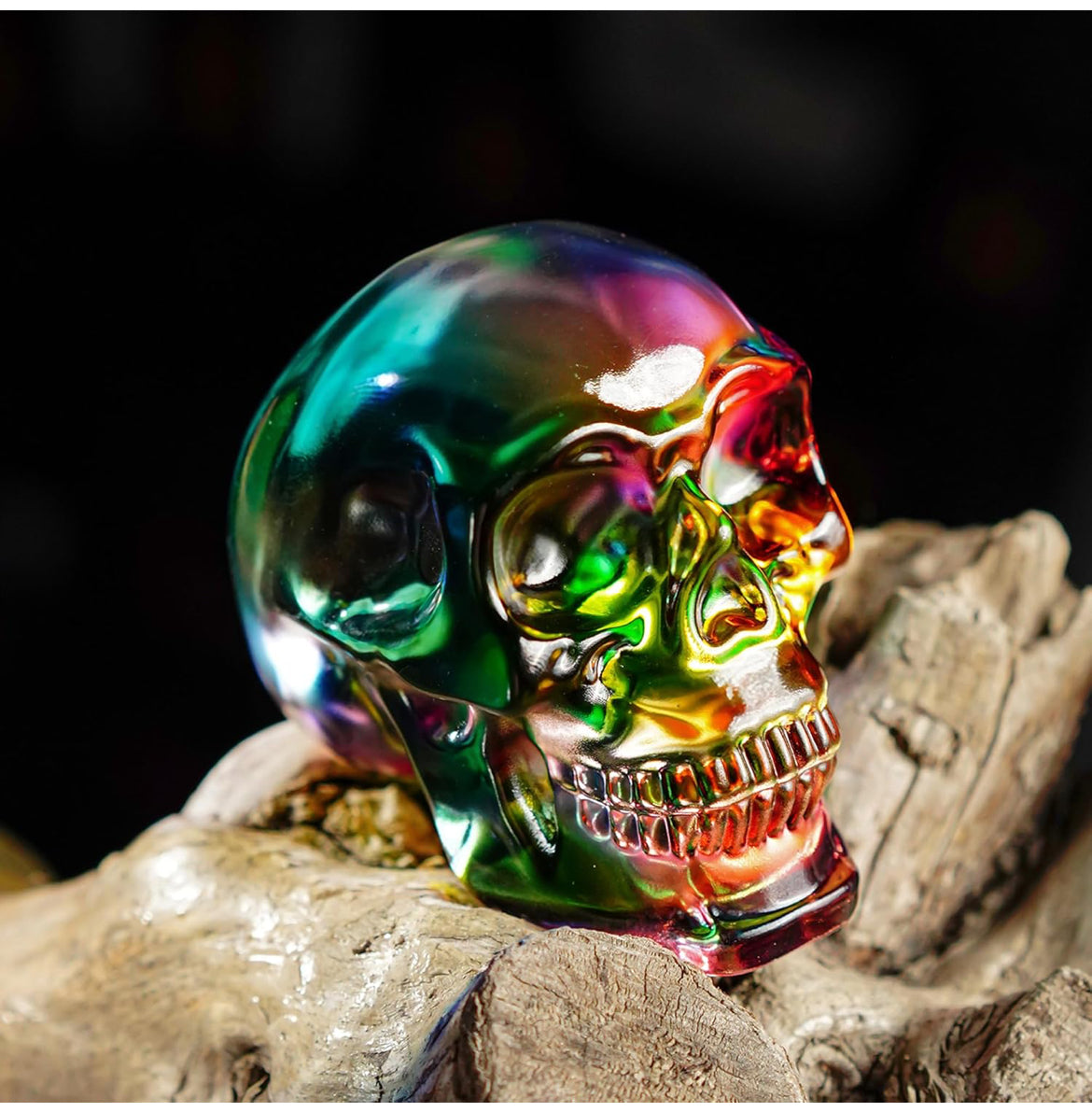 HDCRYSTALGIFTS 3 Inch Multi-Color Crystal Human Skull Model Statue for Home Decor, Halloween Head Figurine Decoration Gift, Art Glass Day of The Dead Sculpture Collections