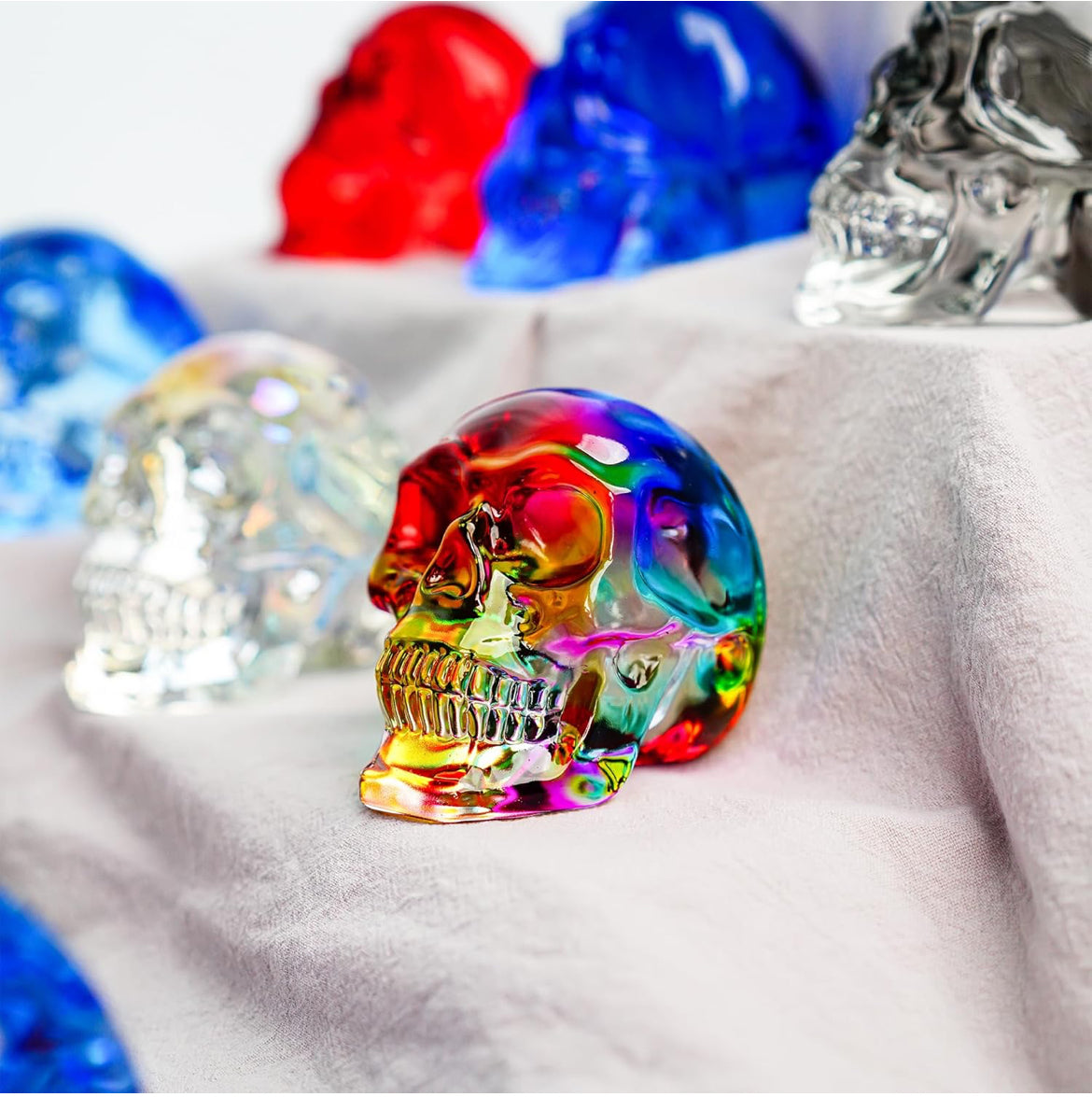HDCRYSTALGIFTS 3 Inch Multi-Color Crystal Human Skull Model Statue for Home Decor, Halloween Head Figurine Decoration Gift, Art Glass Day of The Dead Sculpture Collections