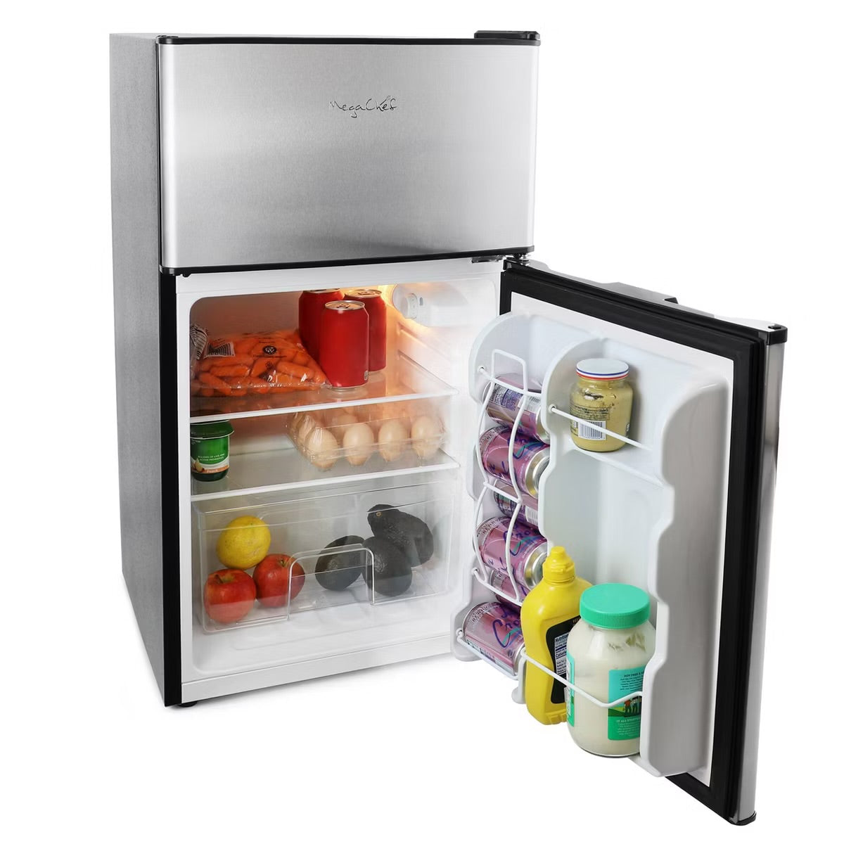 MegaChef 3.2 cu ft Portable 2 Door Refrigerator/Freezer Stainless Steel: Small Fridge, Dorm, Adjustable Shelves