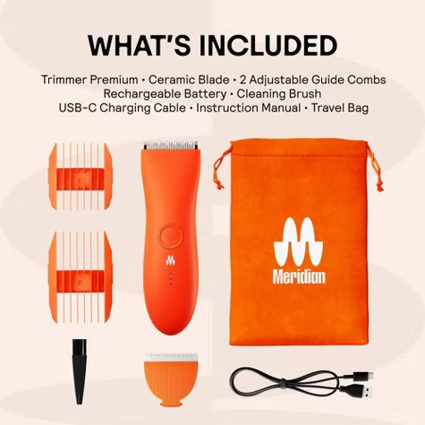 Meridian Trimmer Premium Pubic & Body Hair Trimmer for Men & Women Below-the-Belt Groomer, Ball Trimmer, Bikini Trimmer, Bonus Pouch - Blaze