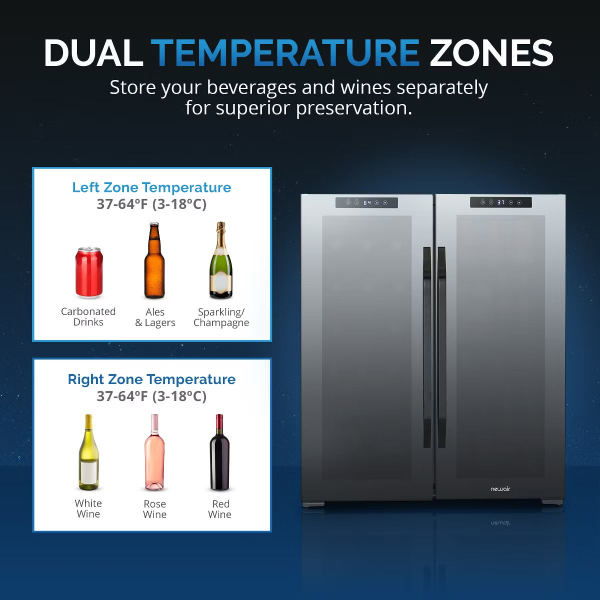 Newair Shadow Series Wine Cooler Refrigerator 18 Bottles & 59 Cans Dual Temperature Zones, Freestanding Mirrored Wine and Beverage Fridge