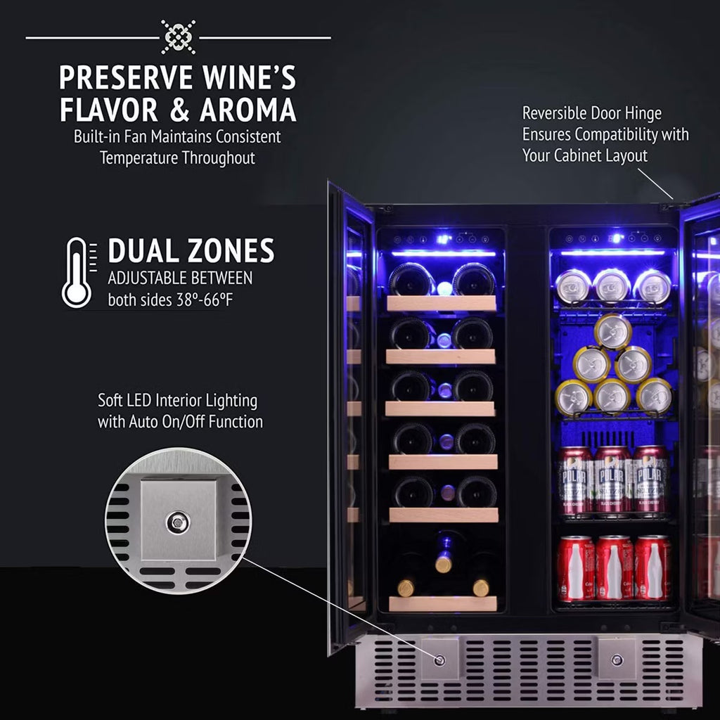 R.W.FLAME Beverage Fridge with Dual-Zone Cooler and Glass Door, 24-Inch Under Counter Design，Built-in or Freestanding, Smart Touchscreen