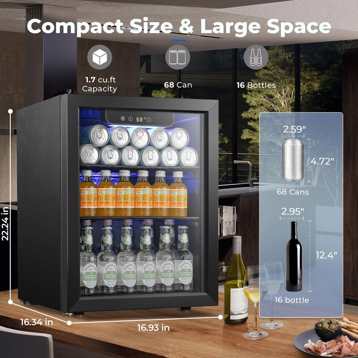 R.W.FLAME 5.1 Cu.Ft Beverage Fridge, 24 Inch, 166-Can, Low Noise, Glass Door, Stainless Steel, Efficient Cooling System with Safety Lock