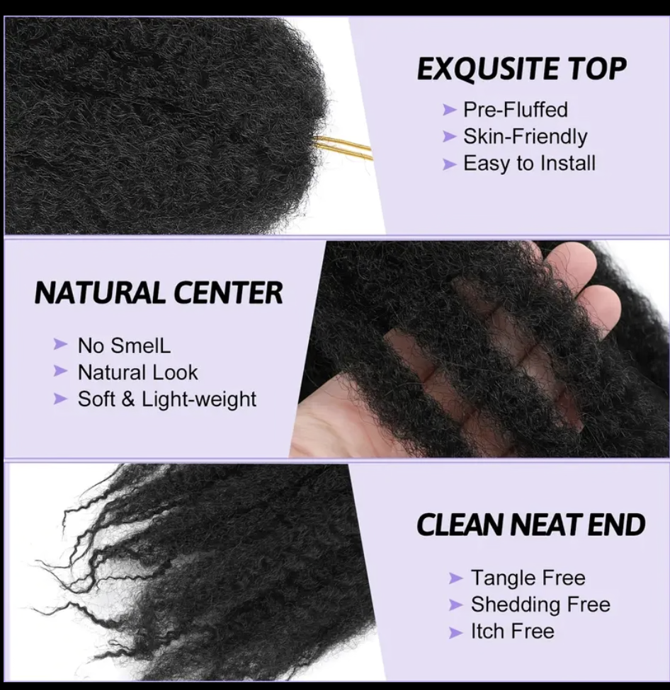 3-Packs Afro Kinky Marley Twists Braiding Hair - Natural Black Crochet Braids Suitable for Locs, Low-Temp Synthetic Fiber Hair for Twists, Dreadlock Maintenance & Braiding Styles ()
