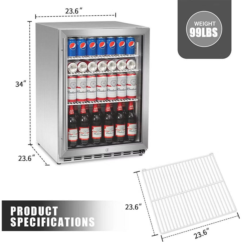 IceJungle 160 Can Freestanding Beverage Drink Fridge with Adjustable Shelves, Automatic Close Function, Door Lock and Alarm, Silver