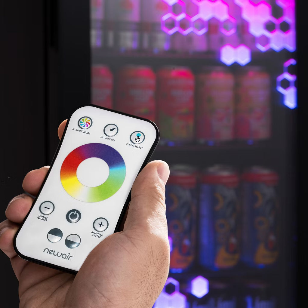 Newair Prismatic Series 126 Can Beverage Refrigerator with RGB HexaColor LED Lights, Mini Fridge for Gaming, Game Room, Party Festive Holiday Fridge