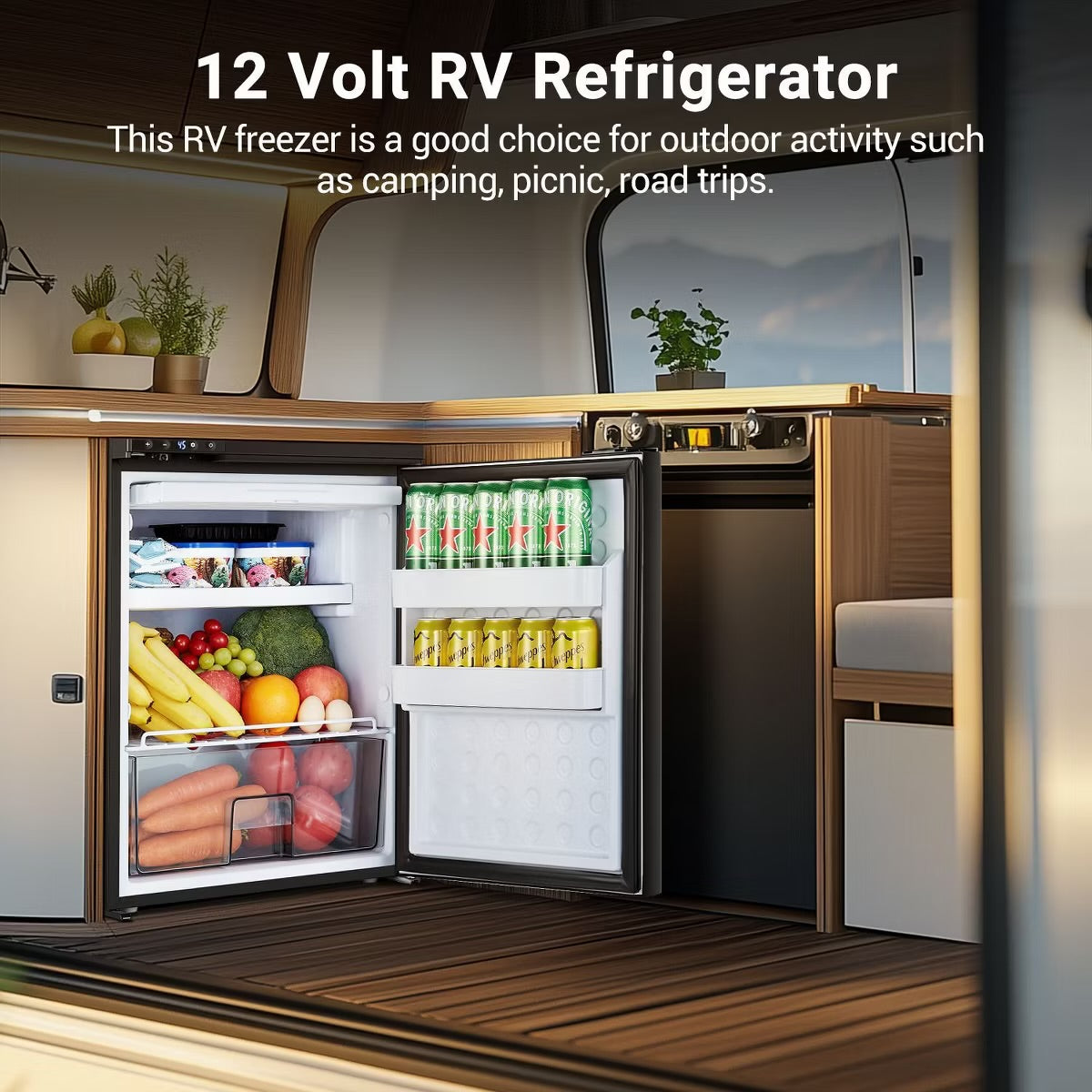 65L RV Refrigerator,APP Control,Refrigeration range (-4℉-46℉),3 levels((H/M/L)) of battery protection, mini fridge for camping, picnics, road trips