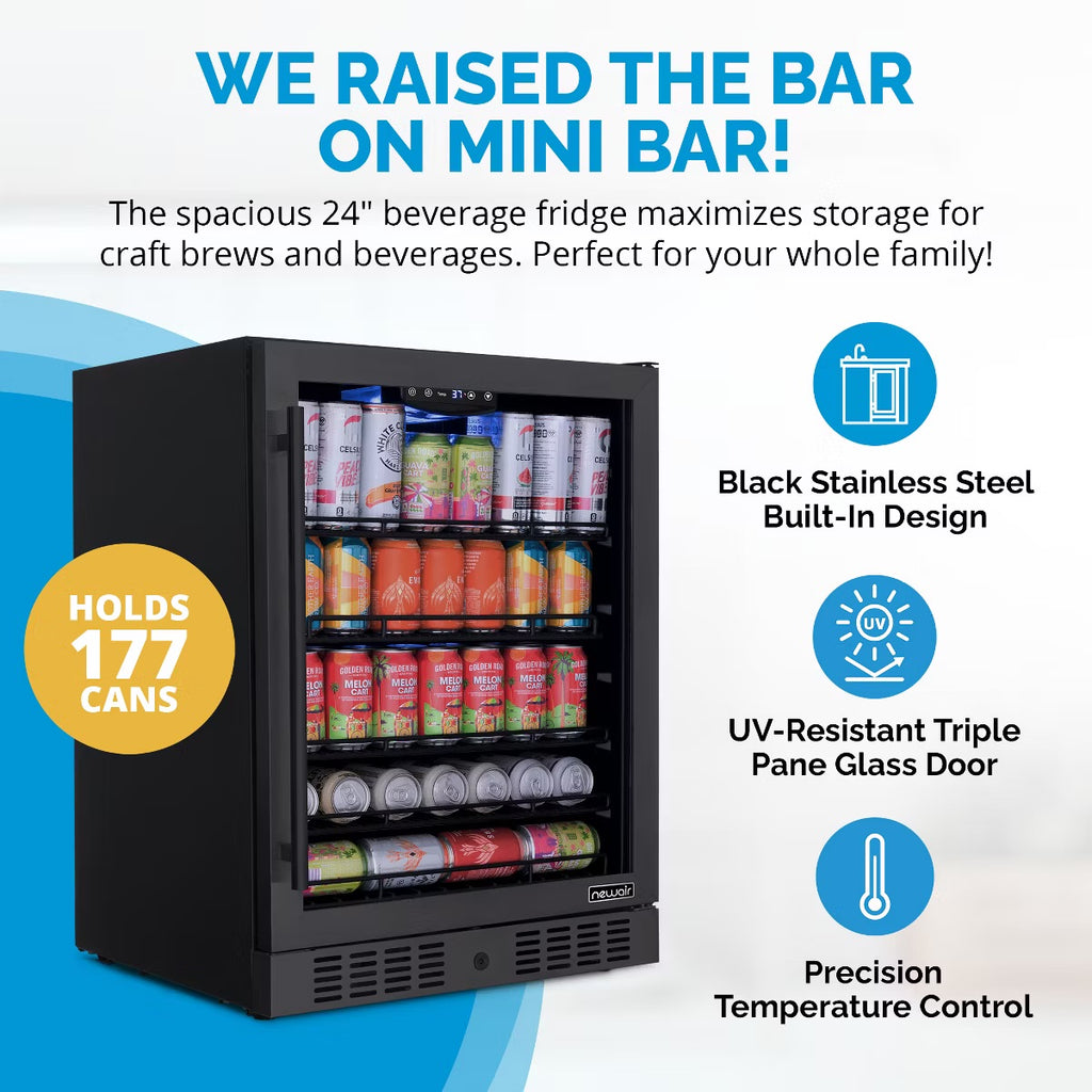 Newair 24" Beverage Refrigerator Cooler, 177 Can Black Stainless Steel Glass Door Fridge, Built-in Counter or Freestanding Bar Drinks Refrigerator