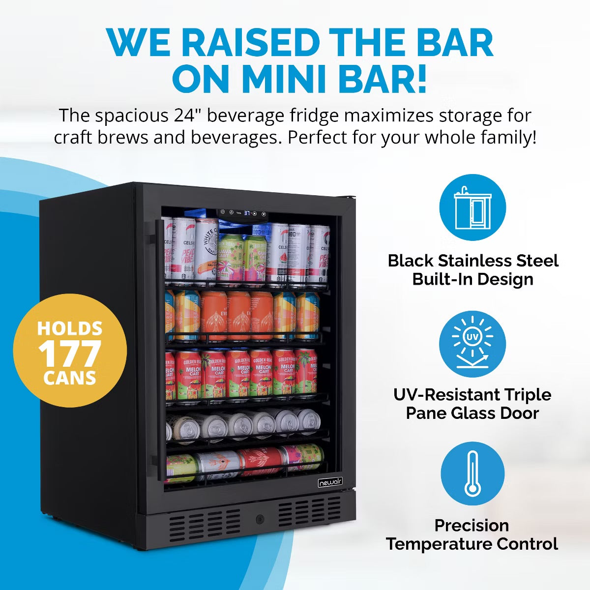 Newair 24" Beverage Refrigerator Cooler, 177 Can Black Stainless Steel Glass Door Fridge, Built-in Counter or Freestanding Bar Drinks Refrigerator