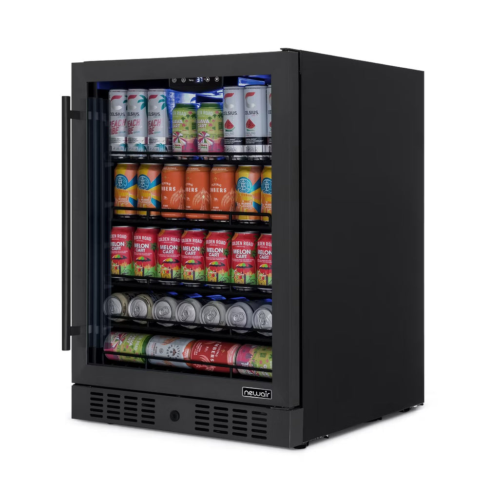Newair 24" Beverage Refrigerator Cooler, 177 Can Black Stainless Steel Glass Door Fridge, Built-in Counter or Freestanding Bar Drinks Refrigerator